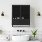 23.62'Glass Doors Modern Two-door Wall Cabinet with Featuring Two-tier Enclosed Storage, an Open Shelf, and Towel Rack, for Entryway Living Room Bathroom Dining Room,Black - Grand Goldman Shop
