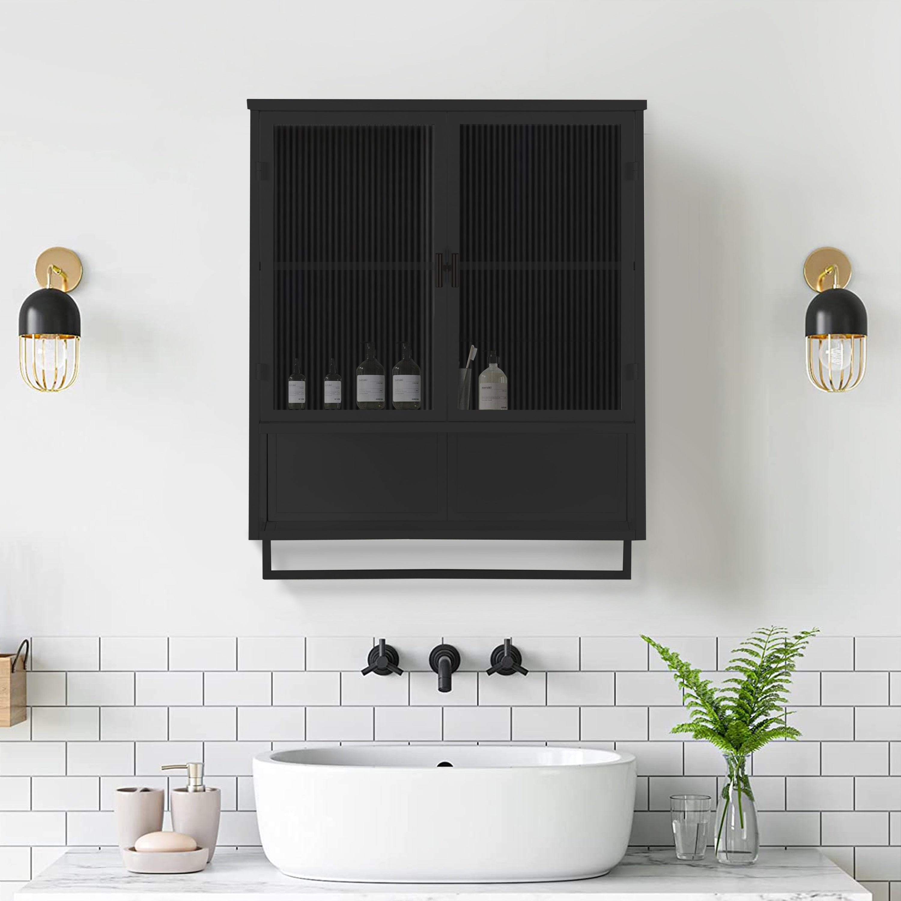 23.62'Glass Doors Modern Two-door Wall Cabinet with Featuring Two-tier Enclosed Storage, an Open Shelf, and Towel Rack, for Entryway Living Room Bathroom Dining Room,Black - Grand Goldman Shop