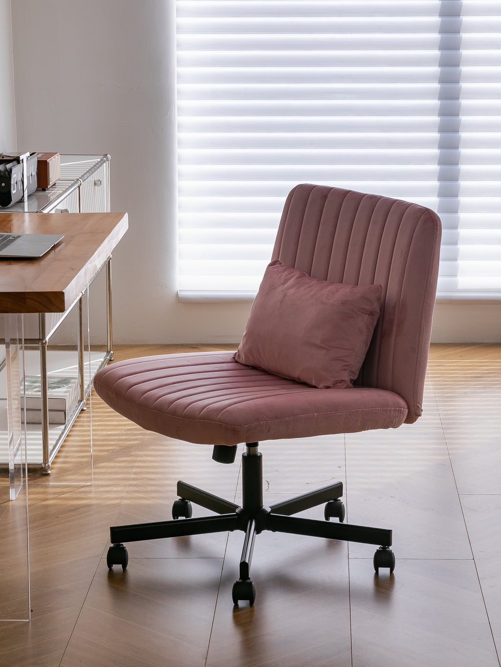 Light Pink Velvet Criss Cross Armless Office Chair with Wheels - Comfortable & Stylish for Home Office, Meditation, and Makeu