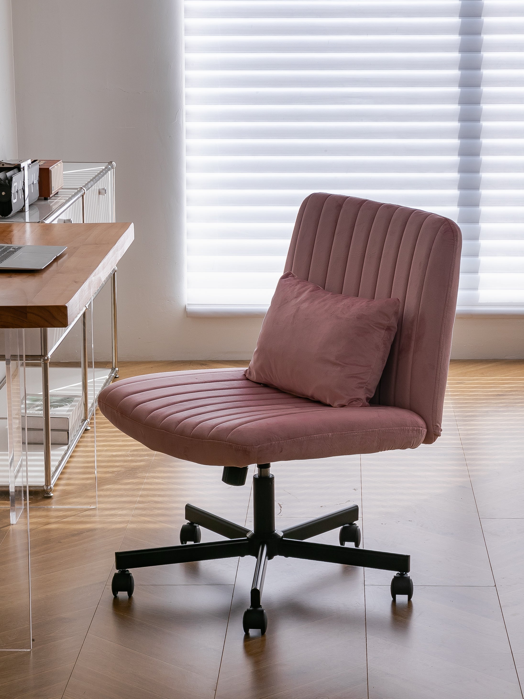 Light Pink Velvet Criss Cross Armless Office Chair with Wheels - Comfortable & Stylish for Home Office, Meditation, and Makeu