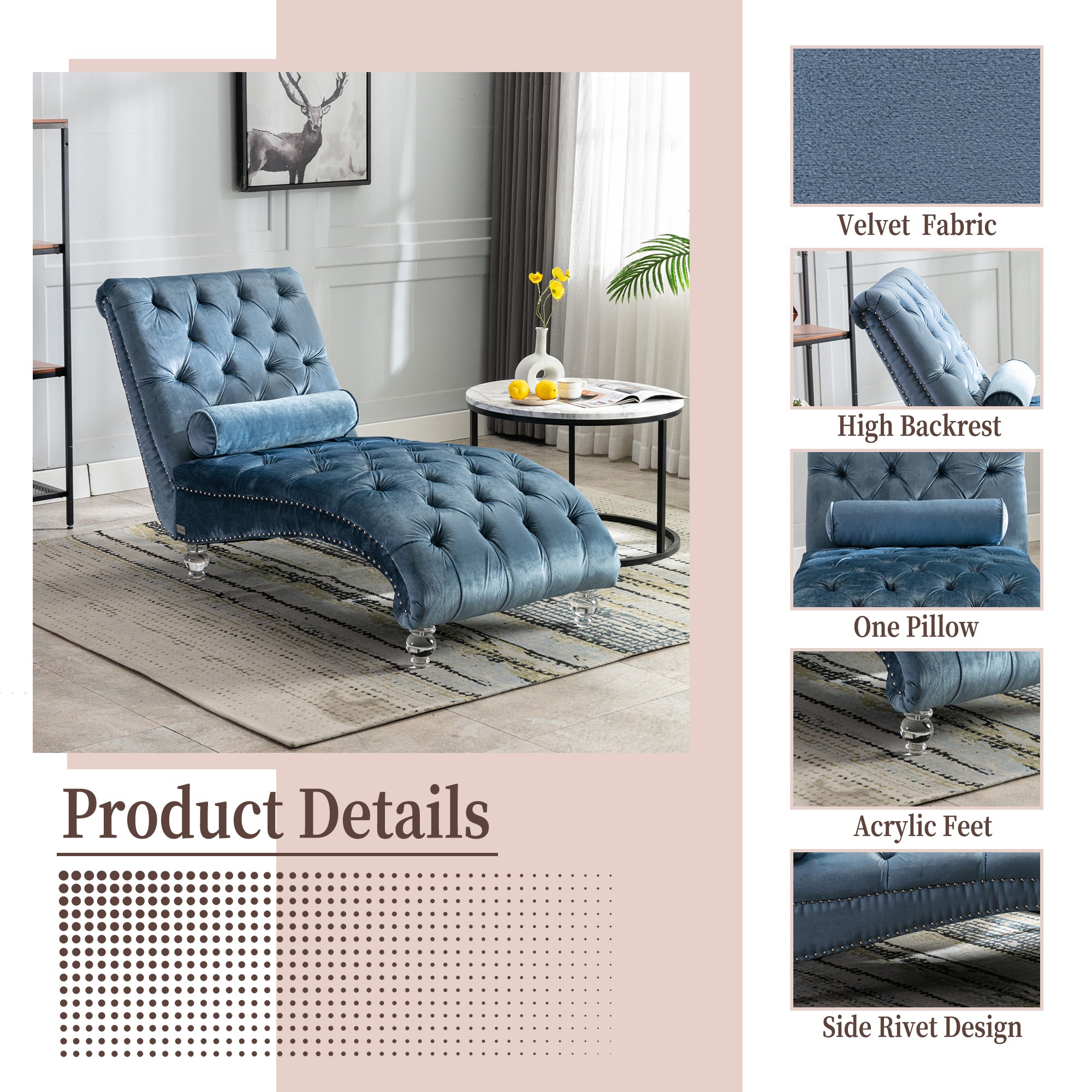 Velvet Chaise Lounge Chair with Pillow, Button-Tufted Upholstered, Light Blue, Solid Wood Frame, Acrylic Legs - Grand Goldman Shop