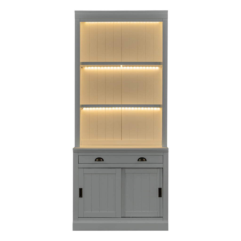 83.4'Tall Bookshelf Suite with LED Lighting, Modern Bookcase Suite with Sliding Doors,Drawers and Open Shelves,Storage Booksh