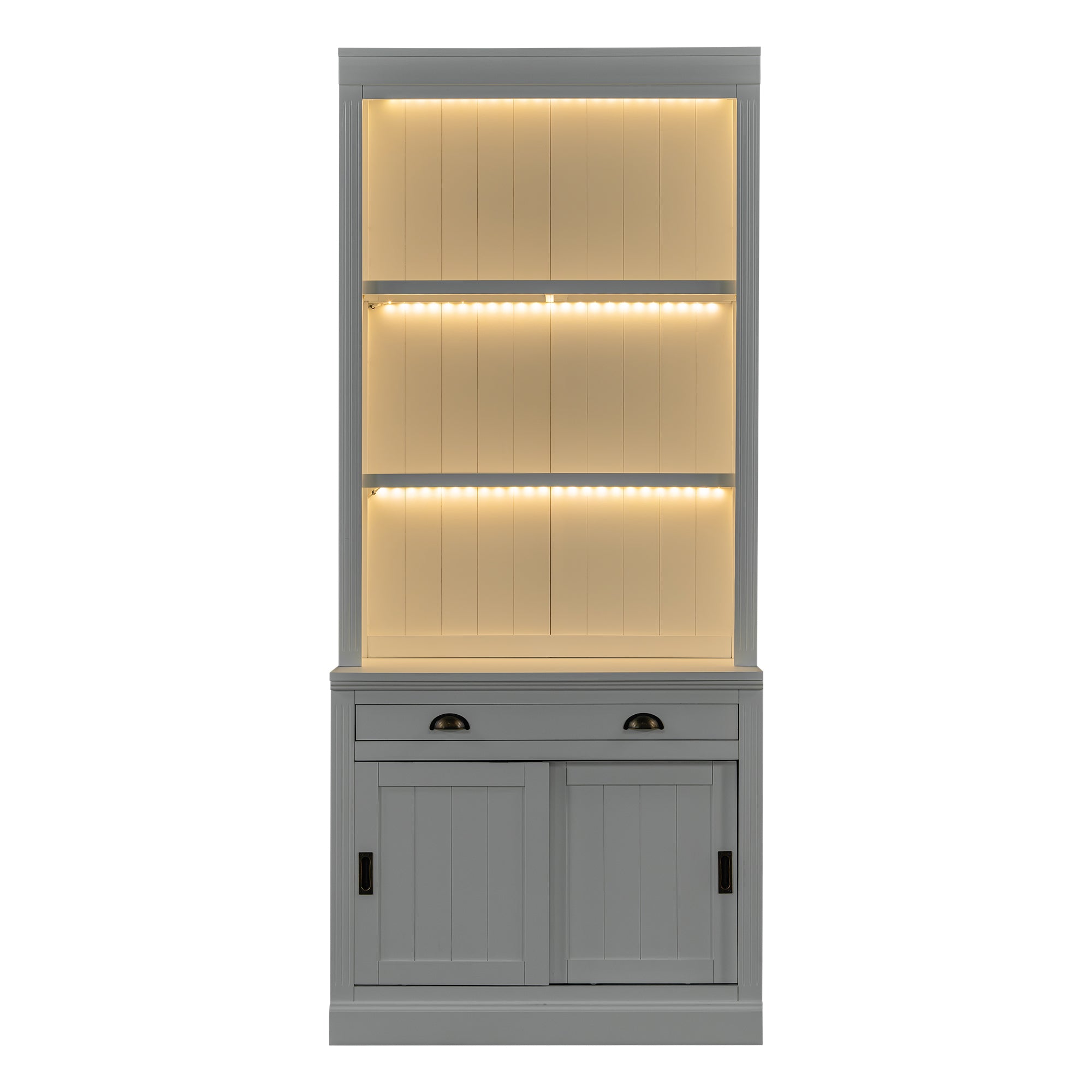 83.4'Tall Bookshelf Suite with LED Lighting, Modern Bookcase Suite with Sliding Doors,Drawers and Open Shelves,Storage Booksh