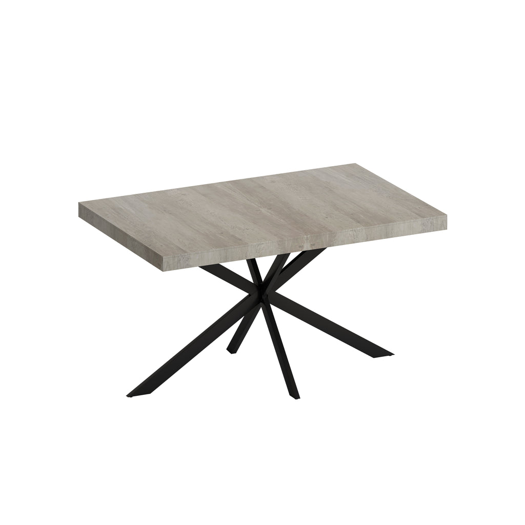 Retro Rectangular Stretch Dining Table in Grey Carole Top with Black Embossed Center Plate and Black Fine Sand Cross Iron Base, Storage Box Included, 55.11''-70.86'' Expandable - Grand Goldman Shop