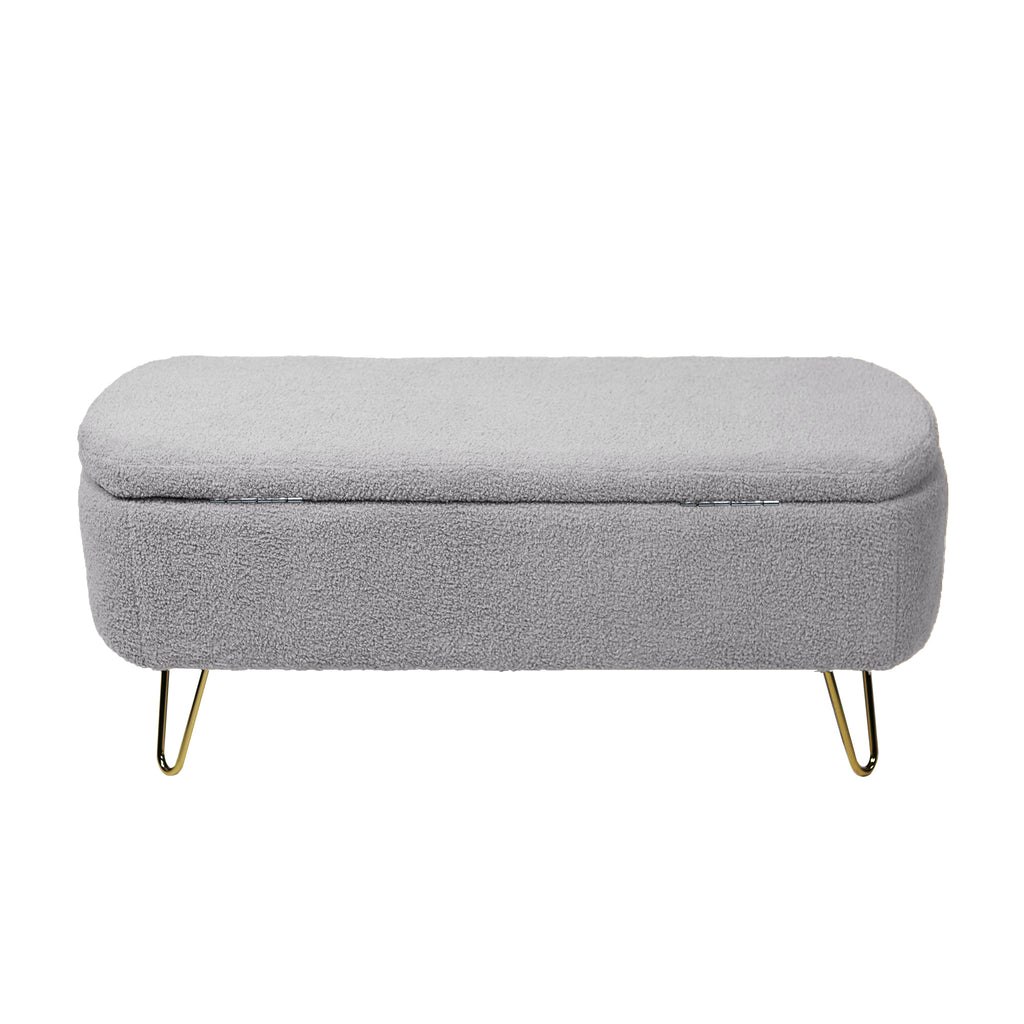 Grey Storage Ottoman Bench for End of Bed Gold Legs, Modern Grey Faux Fur Entryway Bench Upholstered Padded with Storage for Living Room Bedroom - Grand Goldman Shop