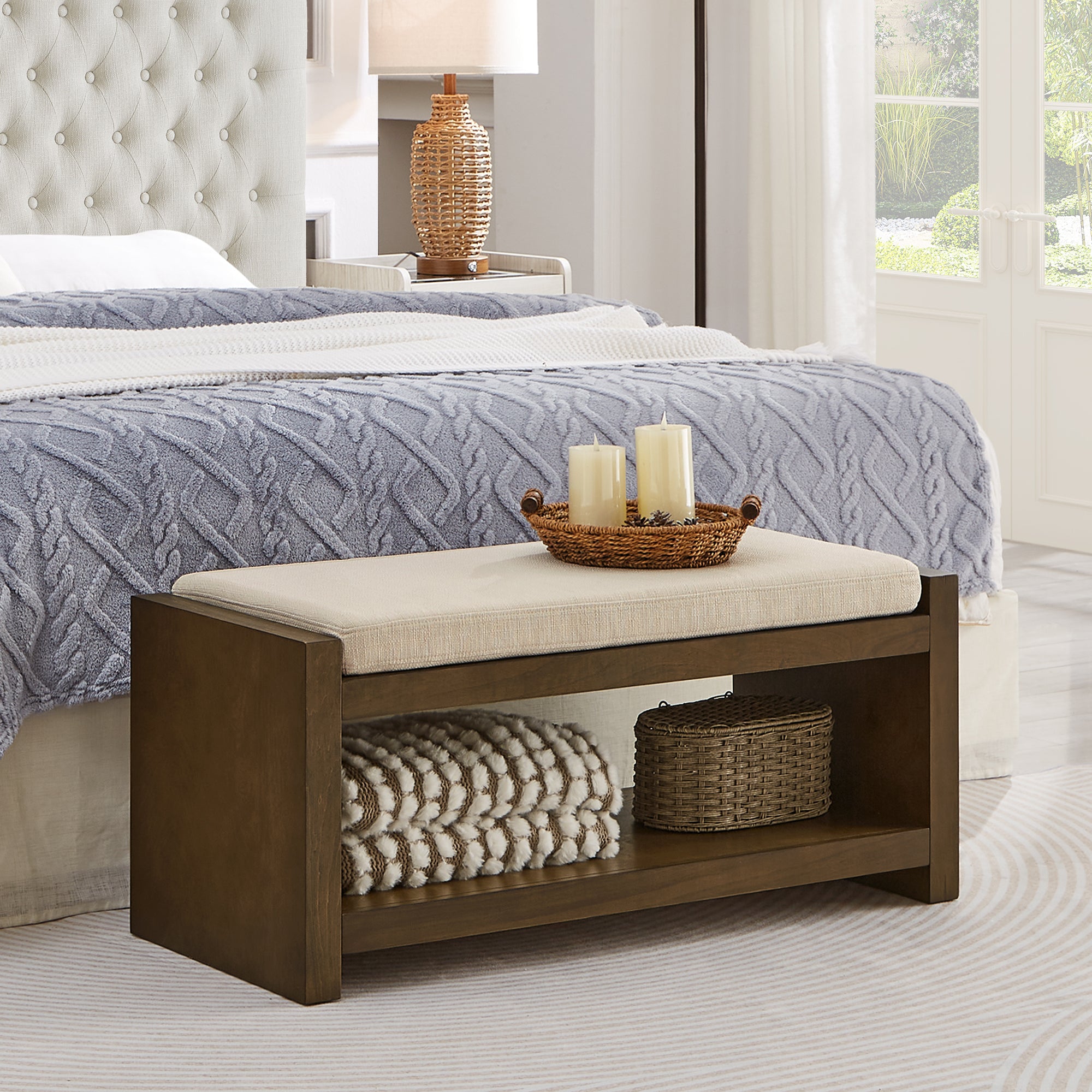 40' Accent Bench with Lower Shelf Shoe Rack, Padded Seating Bench for Living Room, Modern Compact Bed End Bench with Storage for Bedroom Seating, Removable Cushion,  40'W-Ivory - Grand Goldman Shop