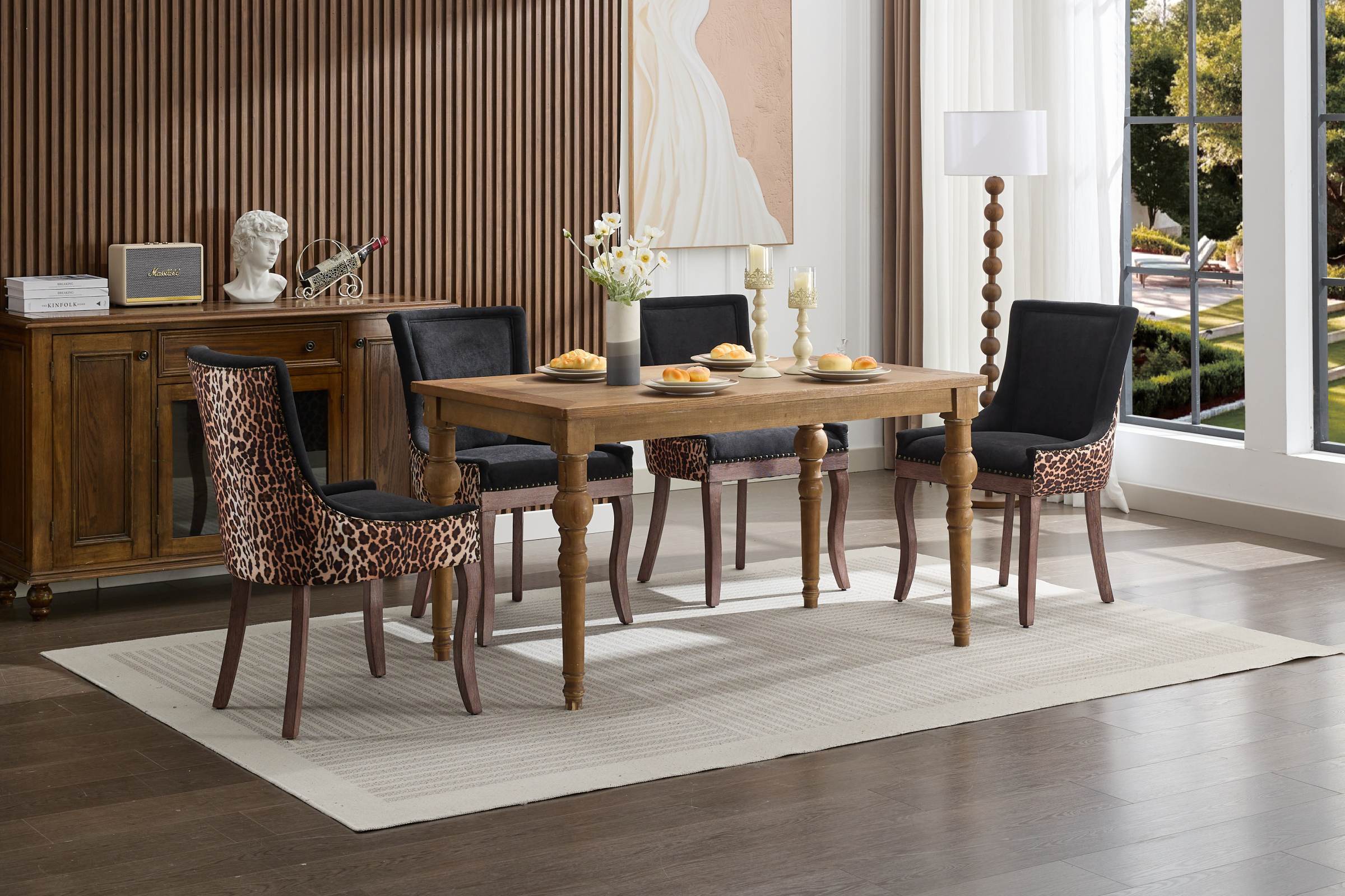 A&A Furniture,Ultra Side Dining Chair, Thickened fabric chairs with neutrally toned solid wood legs, Bronze nail head, Set of 2,Leopard Print - Grand Goldman Shop