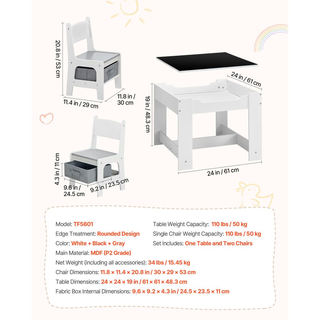 Kids Table and 2 Chairs Set, Toddler Table and Chair Set with Storage Space under the Table, Cloth Storage Box under the Chai