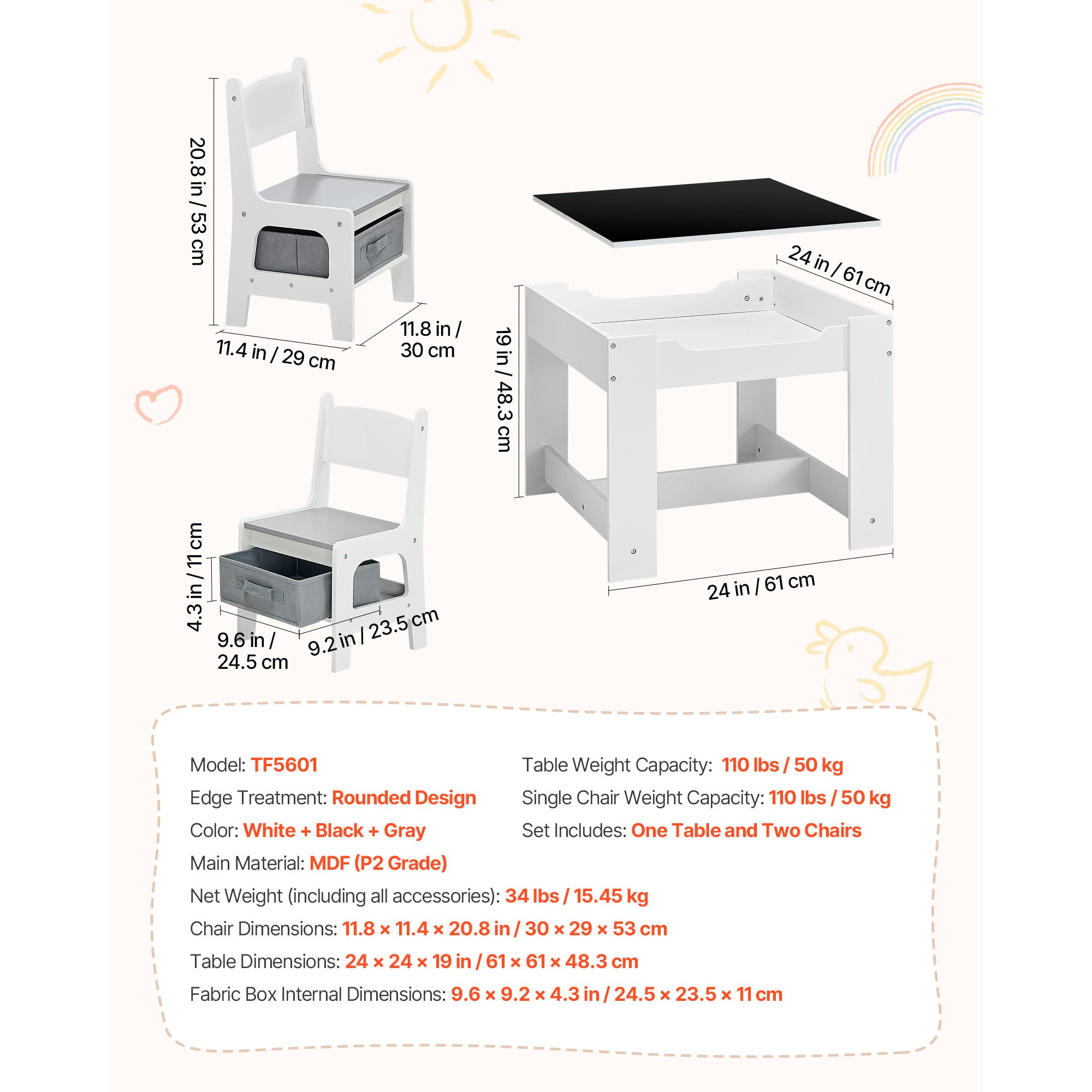 Kids Table and 2 Chairs Set, Toddler Table and Chair Set with Storage Space under the Table, Cloth Storage Box under the Chai