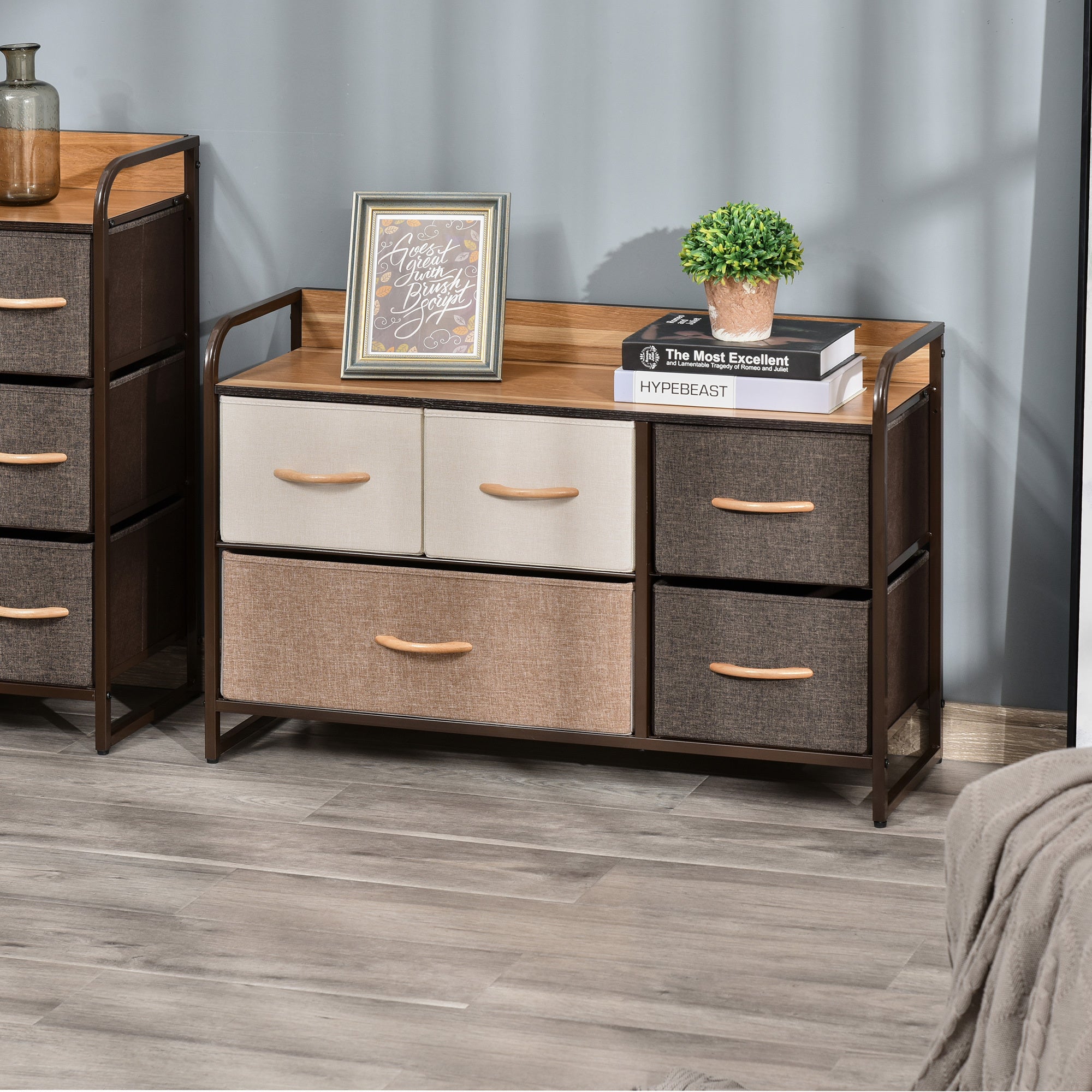HOMCOM 5-Drawer Dresser, Fabric Chest of Drawers, 2-Tier Storage Organizer for Bedroom Entryway, Tower Unit with Steel Frame Wooden Top, Maple Wood - Grand Goldman Shop