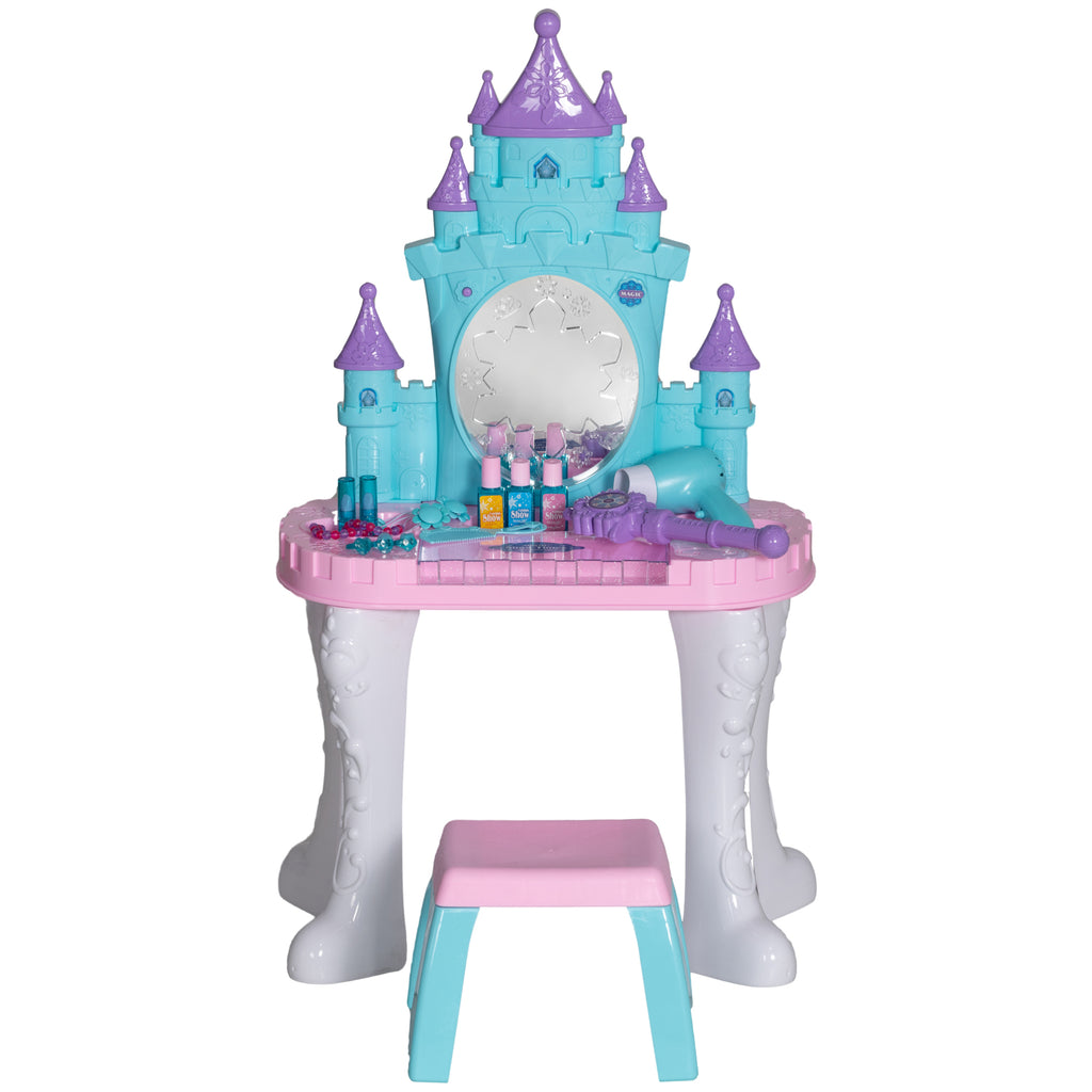 Qaba Kids Vanity Set with Mirror and Stool, Castle Design Makeup Table with Light, Music, Hair Dryer, 18 Accessories, Girls P