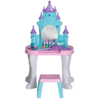 Qaba Kids Vanity Set with Mirror and Stool, Castle Design Makeup Table with Light, Music, Hair Dryer, 18 Accessories, Girls P