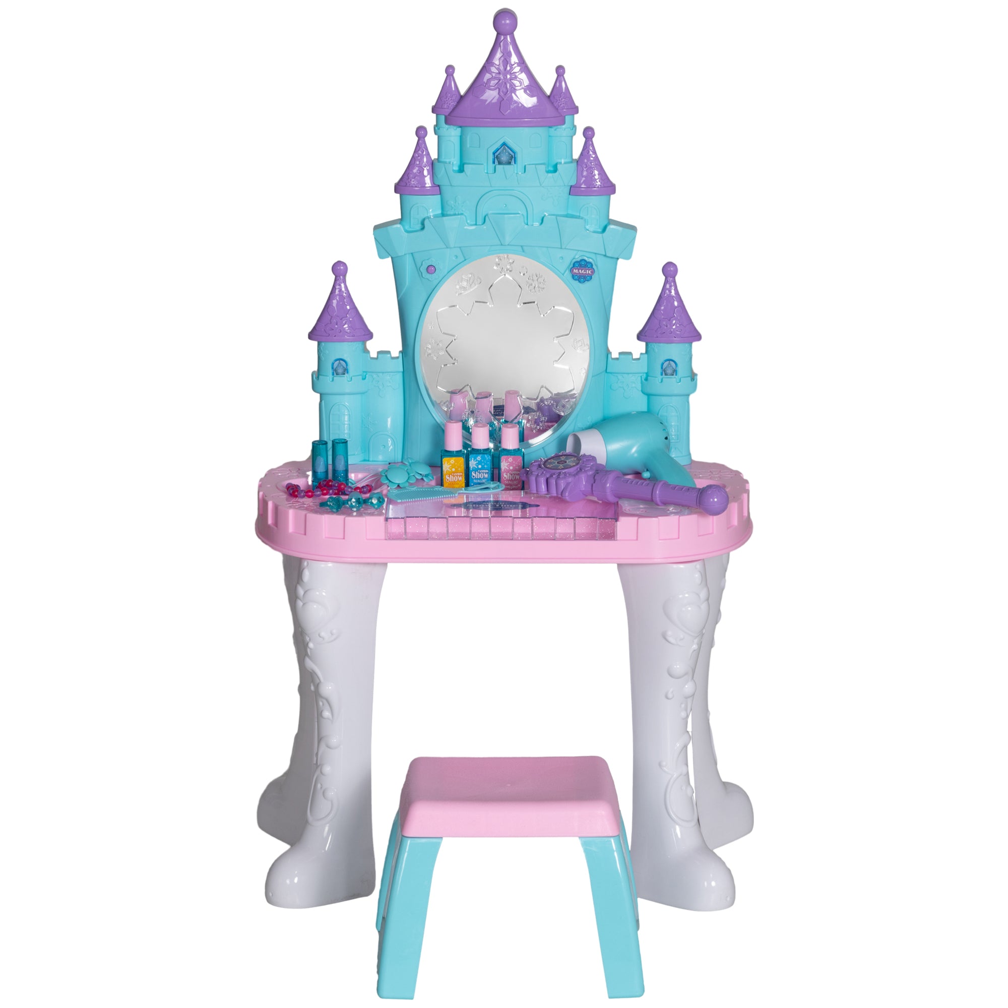 Qaba Kids Vanity Set with Mirror and Stool, Castle Design Makeup Table with Light, Music, Hair Dryer, 18 Accessories, Girls P
