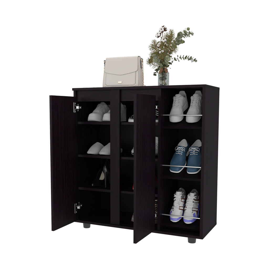 Gitano Shoe Storage Cabinet, 2 Doors, 8  Enclosed Shelves, 3 Open Side Shelves, Freestanding Design, Entryway or Bedroom Use, Wenge - Grand Goldman Shop