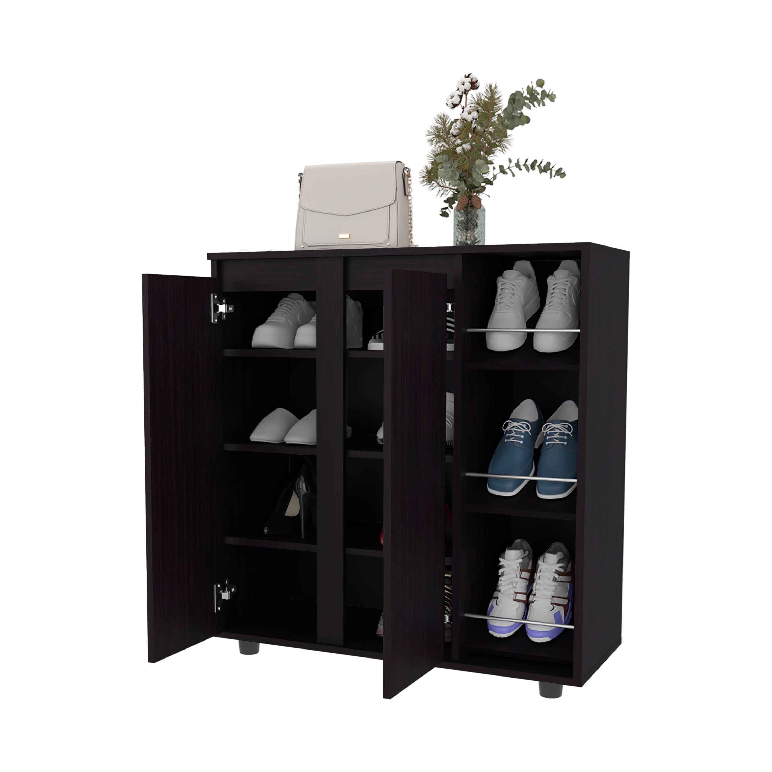Gitano Shoe Storage Cabinet, 2 Doors, 8  Enclosed Shelves, 3 Open Side Shelves, Freestanding Design, Entryway or Bedroom Use, Wenge - Grand Goldman Shop