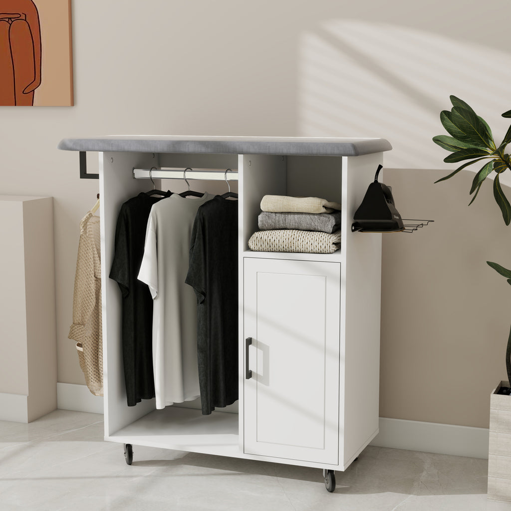 Ironing Cart with Rolling Ironing Board, Multipurpose Ironing Cabinet with Wheels, Compact Ironing Solution for Laundry Room, Bedroom,Cloakroom-White - Grand Goldman Shop