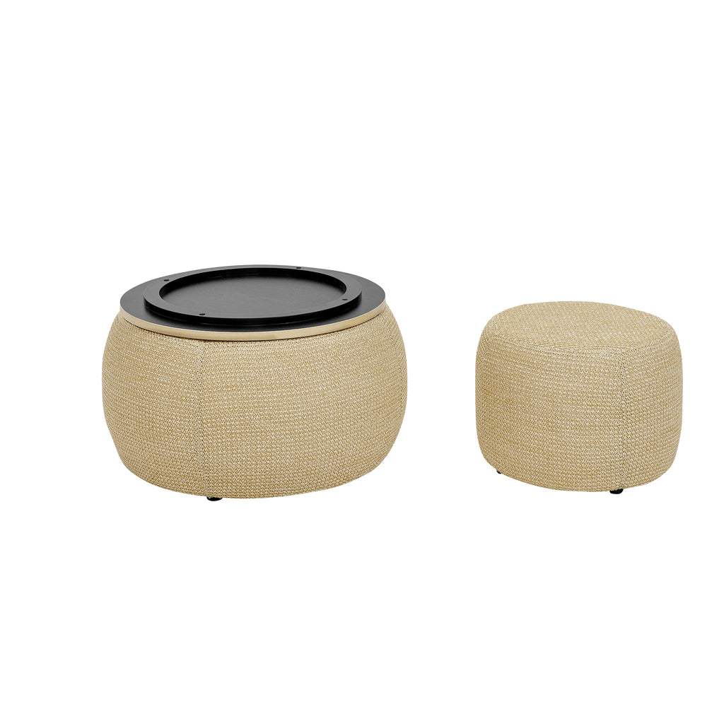 Woven Rattan Fabric Round Storage Ottoman with 2-in-1 Function as End Table and Ottoman, Dark Yellow, 25'x25'x14.7' - Grand Goldman Shop