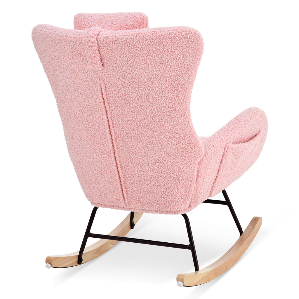 Rocking Chair Nursery, Teddy Upholstered Rocker Glider Chair with High Backrest, Adjustable Headrest & Pocket, Comfy Glider Chair for Nursery, Bedroom, Living Room, Offices, Rubber wood, pink - Grand Goldman Shop