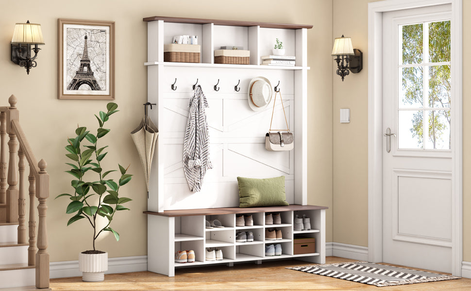 Farmhouse 4-in-1 Hall Tree with 6 Hooks, Walnut Entryway Bench with Shelves,  Wooden Style Rustic Shoe Organizer with 16 Open Compartments for Mudroom, Living Room, White (OLD SKU: N721P264915K) - Grand Goldman Shop