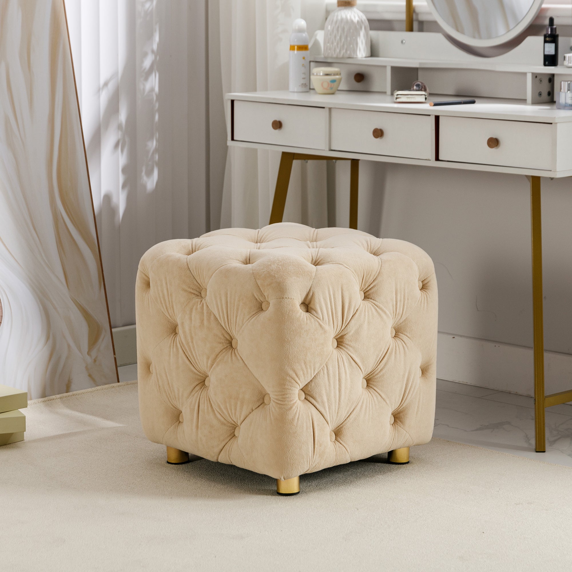 Beige Modern Velvet Upholstered Ottoman, Exquisite Small End Table, Soft Foot Stool, Dressing Makeup Chair, Comfortable Seat for Living Room, Bedroom, Entrance - Grand Goldman Shop