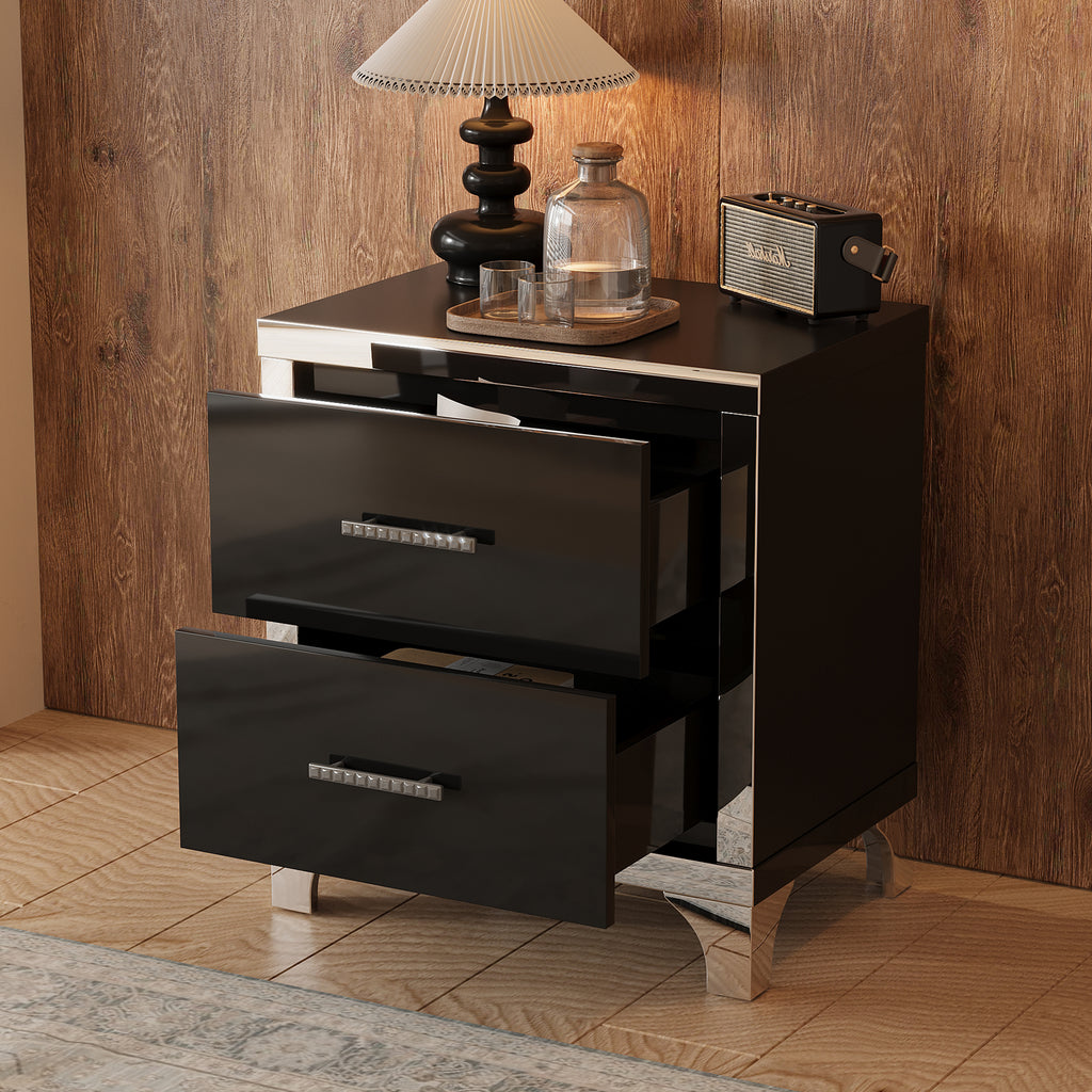 Elegant High Gloss Nightstand with Metal Handle,Mirrored Bedside Table with 2 Drawers for Bedroom,Living Room,Black - Grand Goldman Shop