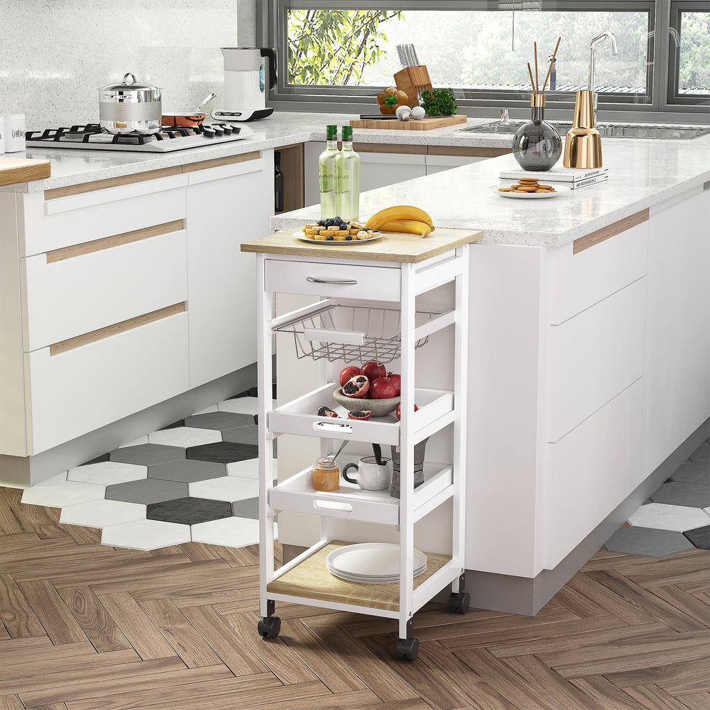 HOMCOM Mobile Kitchen Cart, Rolling Kitchen Island with Storage, Solid Wood Frame Utility Cart with Wire Fruit Baskets, Trays and Drawer, White - Grand Goldman Shop