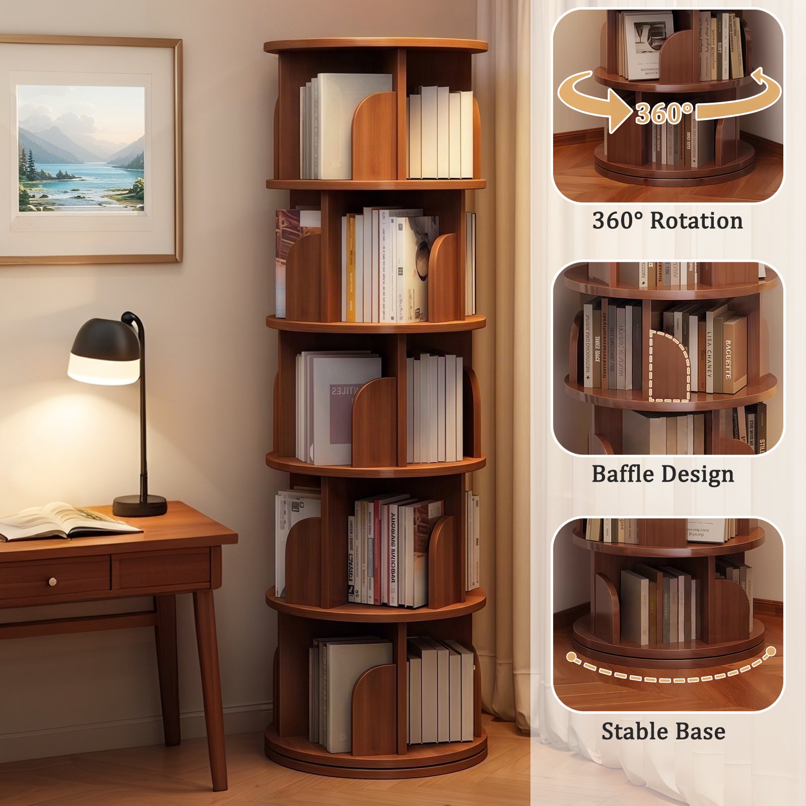 5 Tier Rotating Bookshelf, 360° Display Round Spinning Bookshelf, Space-Saving, Small Space Rotating Bookshelf Tower for Bedroom, Living Room, Home, Office, Walnut - Grand Goldman Shop