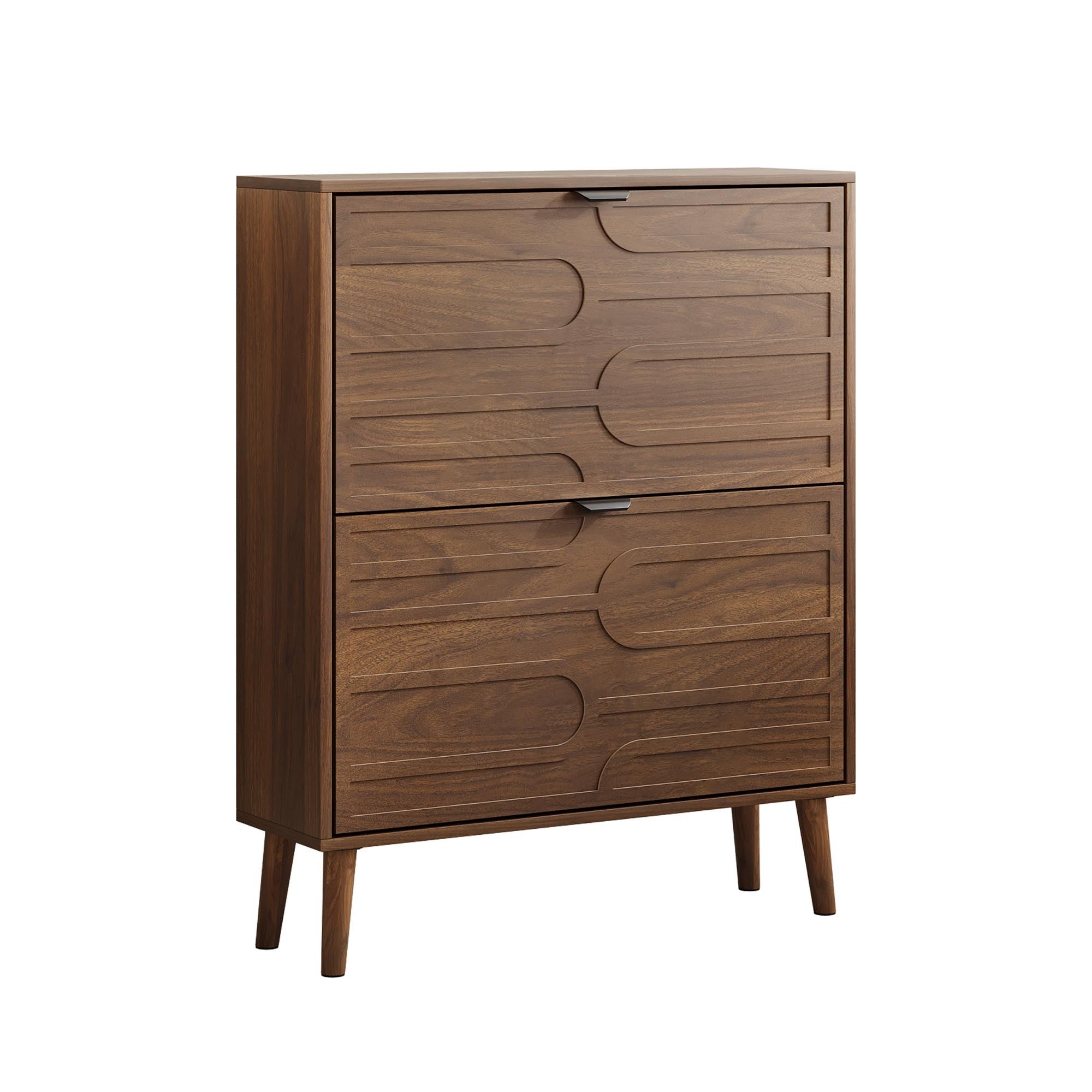 Medieval Modern Independent Shoe Cabinet with 2 Flip Drawers, Walnut MDF, 31.5-inch - Grand Goldman Shop
