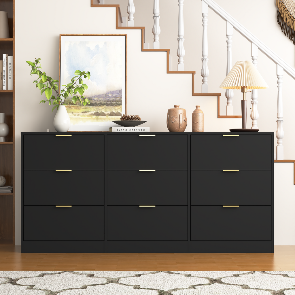 Black 9 Drawer Dresser, 63' Large Deep Chest of Drawers, Wooden Dresser Storage Cabinet with 9 Drawers for Bedroom, Long Dressers for Living Room, Hallway - Grand Goldman Shop