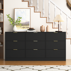 Black 9 Drawer Dresser, 63' Large Deep Chest of Drawers, Wooden Dresser Storage Cabinet with 9 Drawers for Bedroom, Long Dressers for Living Room, Hallway - Grand Goldman Shop
