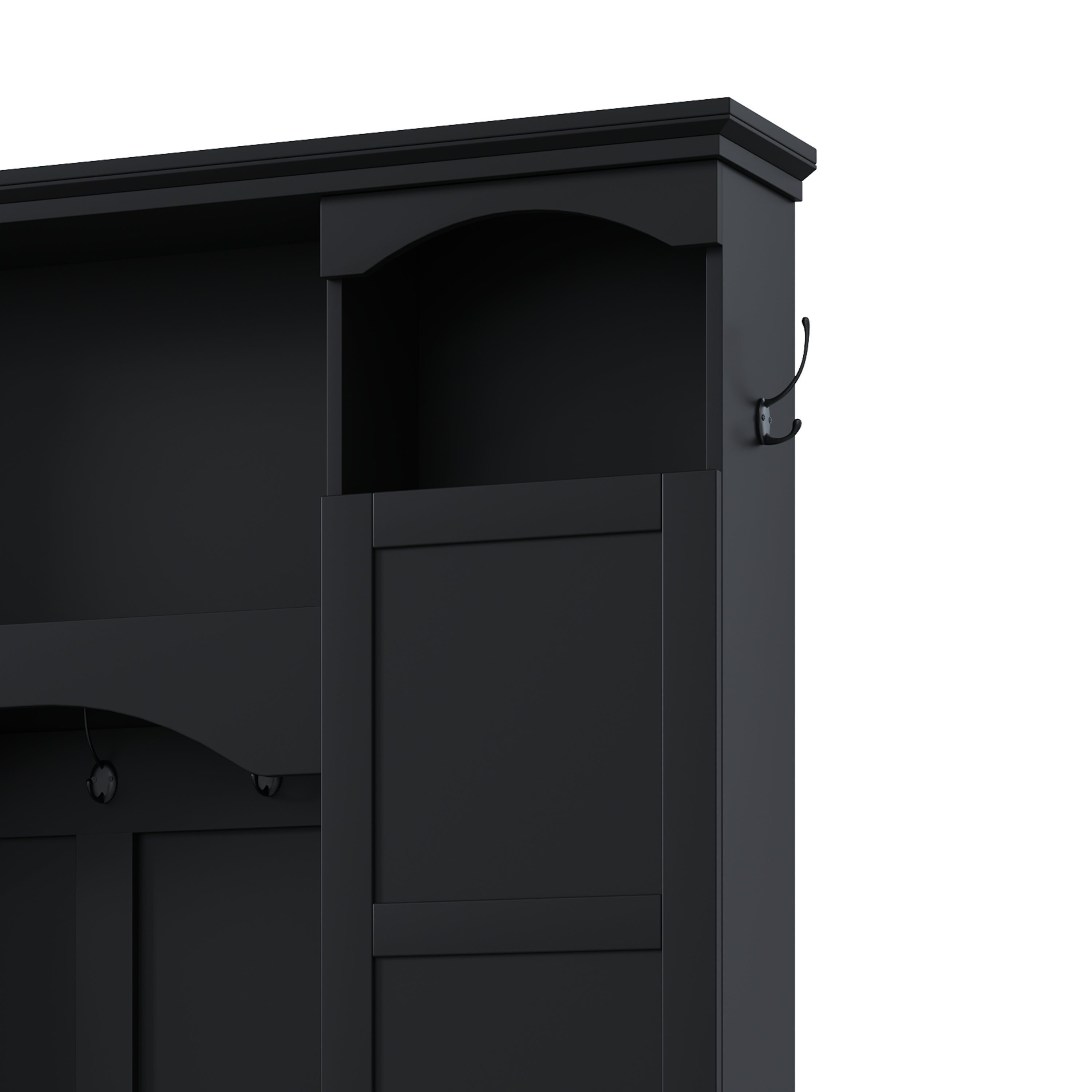 ON-TREND Modern All-in-One Hall Tree with Adjustable Shelves, Classic Arched Farmhouse Storage Bench with Dual Side Cabinets, Elegant Entryway Organizer with 7 Hooks for Mudroom, Hallway, Black - Grand Goldman Shop