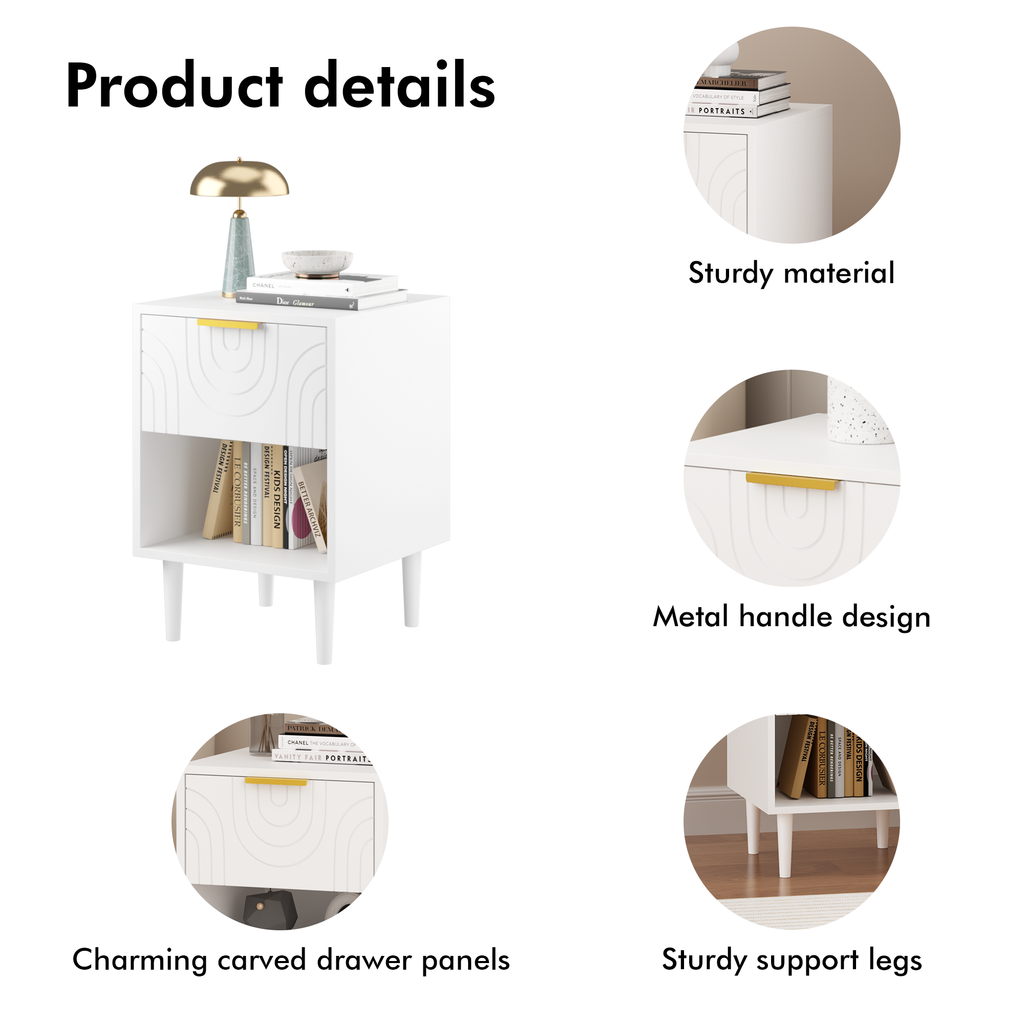 Modern White Nightstand with One Drawer and Open Shelf, Gold-Accented Handle, 22.83'' H, MDF, White - Grand Goldman Shop