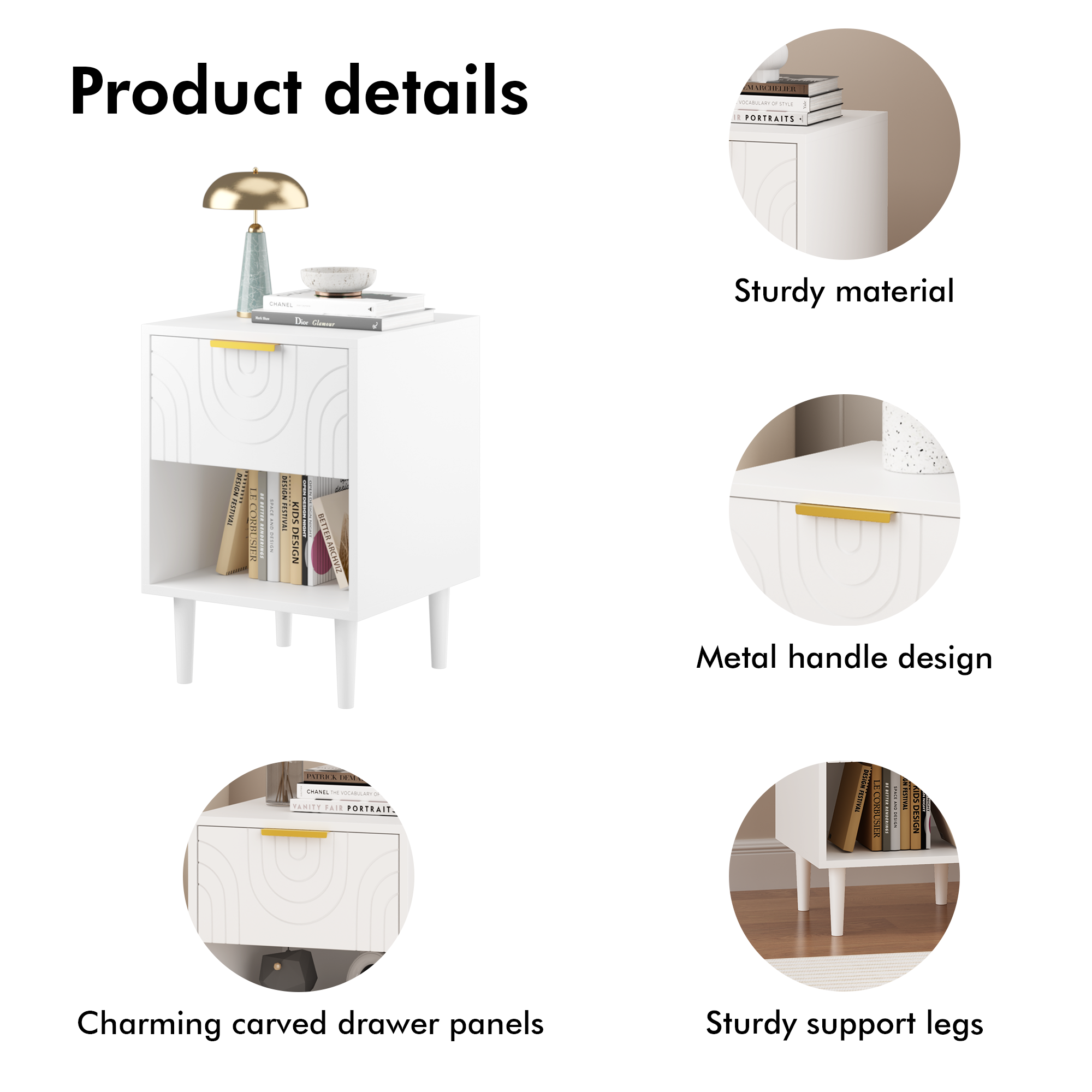 Modern White Nightstand with One Drawer and Open Shelf, Gold-Accented Handle, 22.83'' H, MDF, White - Grand Goldman Shop