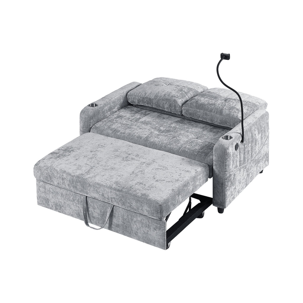 Modern Loveseat Pull-out Sofa Bed with Adjustable Backrest, Cup Holders, Phone Holder, Charging Ports, Side Storage Pockets, Grey Chenille - Grand Goldman Shop