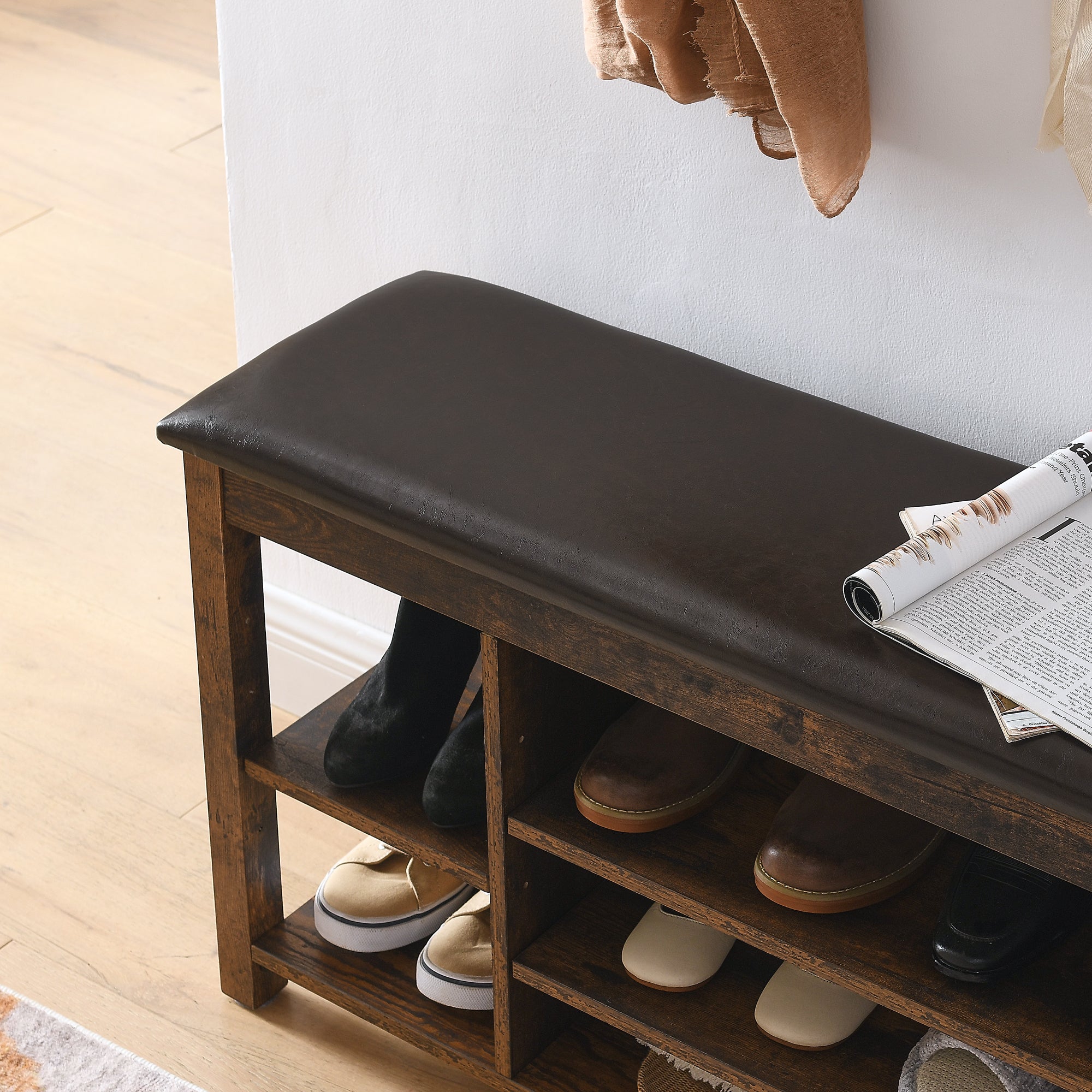A height-adjustable long shoe-changing bench,made of natural rubberwood,comes with a comfortable seat,concealed storage space and large storage compartments, featuring charcoal-grained wood ,Vintage - Grand Goldman Shop
