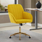 TY Modern Office Chair with Gold Base, Bright Yellow Velvet Upholstery, Wide Backrest and Adjustable Height for Home or Offic