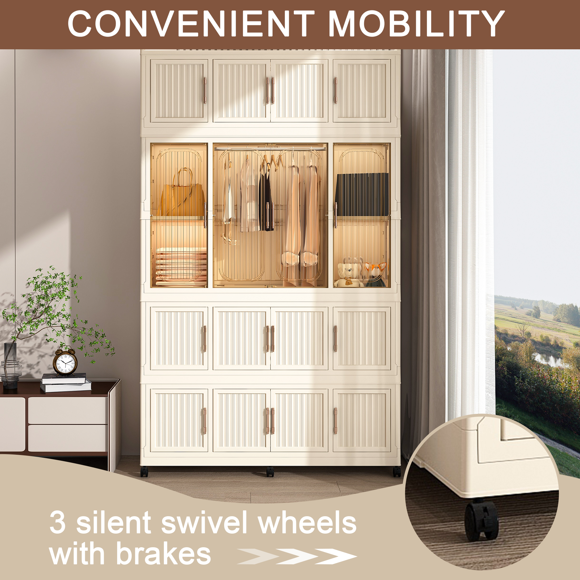 Portable Wardrobe Closet Storage Organizer with 17 Magnetic Doors, 17 Cubes, Hanging Rod & 6 Hangers, Creamy White Polypropylene Closet for Clothes, Baby Items, and Household Storage - Grand Goldman Shop
