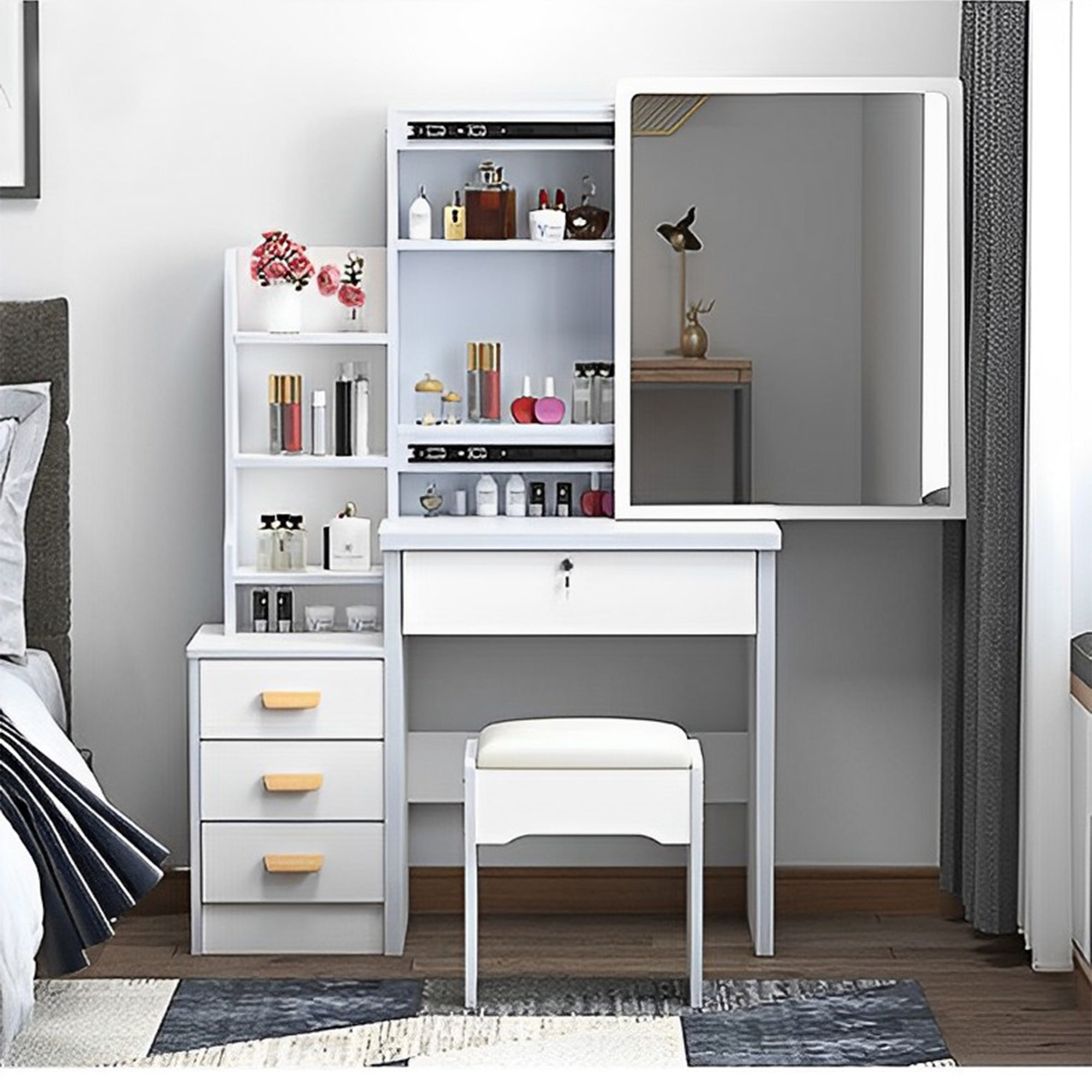 Fashion Vanity Desk with Mirror and Lights for Makeup and Chair, White MDF Vanity Set with 3 Color Adjustable LED Lighting, 4 Drawers - Grand Goldman Shop
