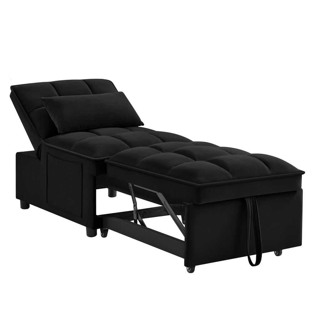 4 in1 Multi-Function Single Sofa Bed with Storage Pockets,Tufted Single Pull-out Sofa Bed with Adjustable Backrest and Pillows ,Convertible  Chaise Lounge,Black - Grand Goldman Shop