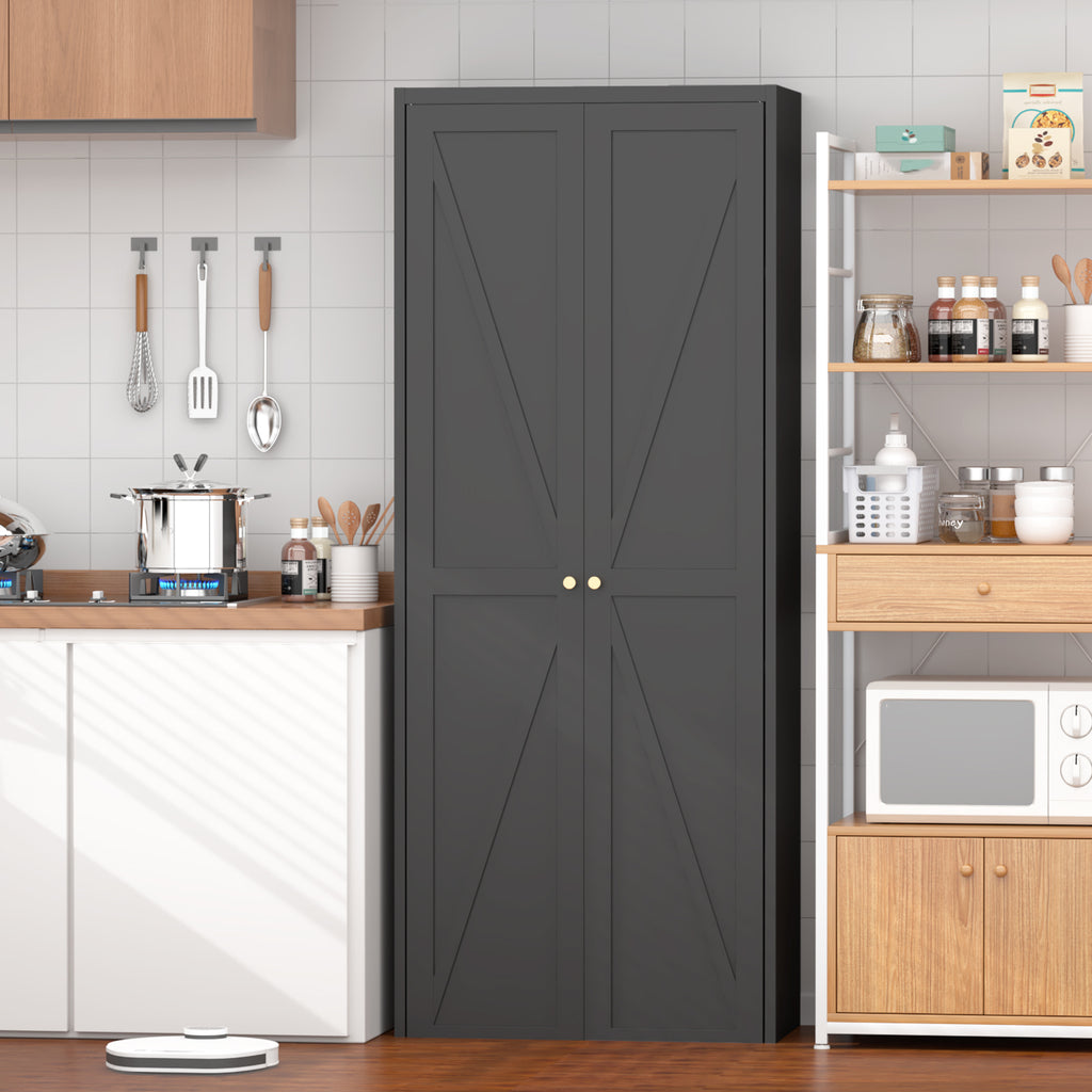Black Metal Kitchen Pantry Cabinet with Adjustable Shelves and Gold Handles, Tall Steel Storage Locker for Kitchen, Living Ro