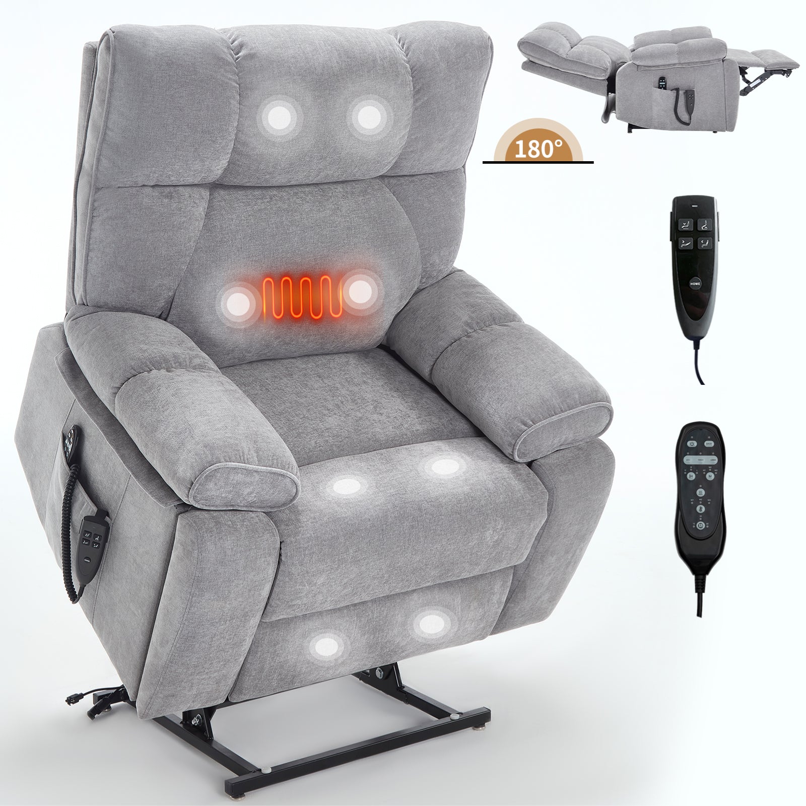 Grey Heat Massage Dual Motor Infinite Position Up to 350 LBS Large Electric Power Lift Recliners with Hidden Cup Holders, Power-Remote, Medium-firm and Heavy Duty - Grand Goldman Shop