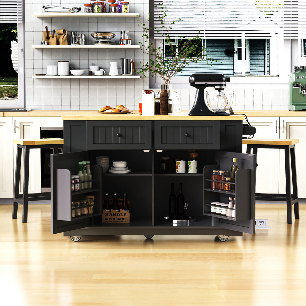 48 inch Kitchen Island with Drop Leaf,Power Outlet,Internal Storage Rack,Rolling Kitchen Storage Cart on 5 Wheels with 5 Open Side Racks,for Kitchen,Black (Old SKU N707P257057B)(Not Include Stools) - Grand Goldman Shop