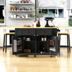 48 inch Kitchen Island with Drop Leaf,Power Outlet,Internal Storage Rack,Rolling Kitchen Storage Cart on 5 Wheels with 5 Open Side Racks,for Kitchen,Black (Old SKU N707P257057B)(Not Include Stools) - Grand Goldman Shop