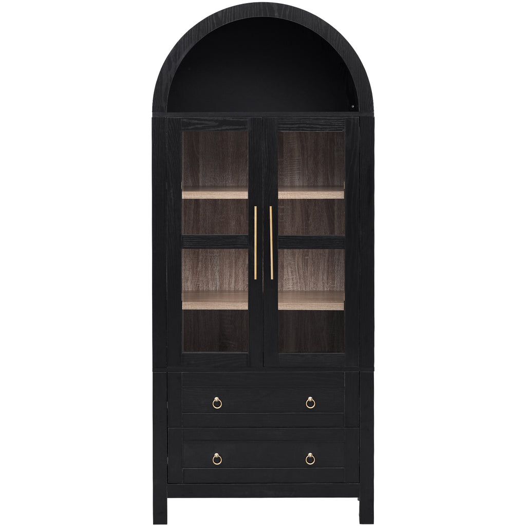 K&K 71' Tall Arched Kitchen Pantry Cabinet with 2 Large Drawers, Modern Farmhouse Kitchen Storage Cabinets with Adjustable Shelves, Glass Door, Wood Versatile Cupboard for Kitchens, Dining Room, Black - Grand Goldman Shop