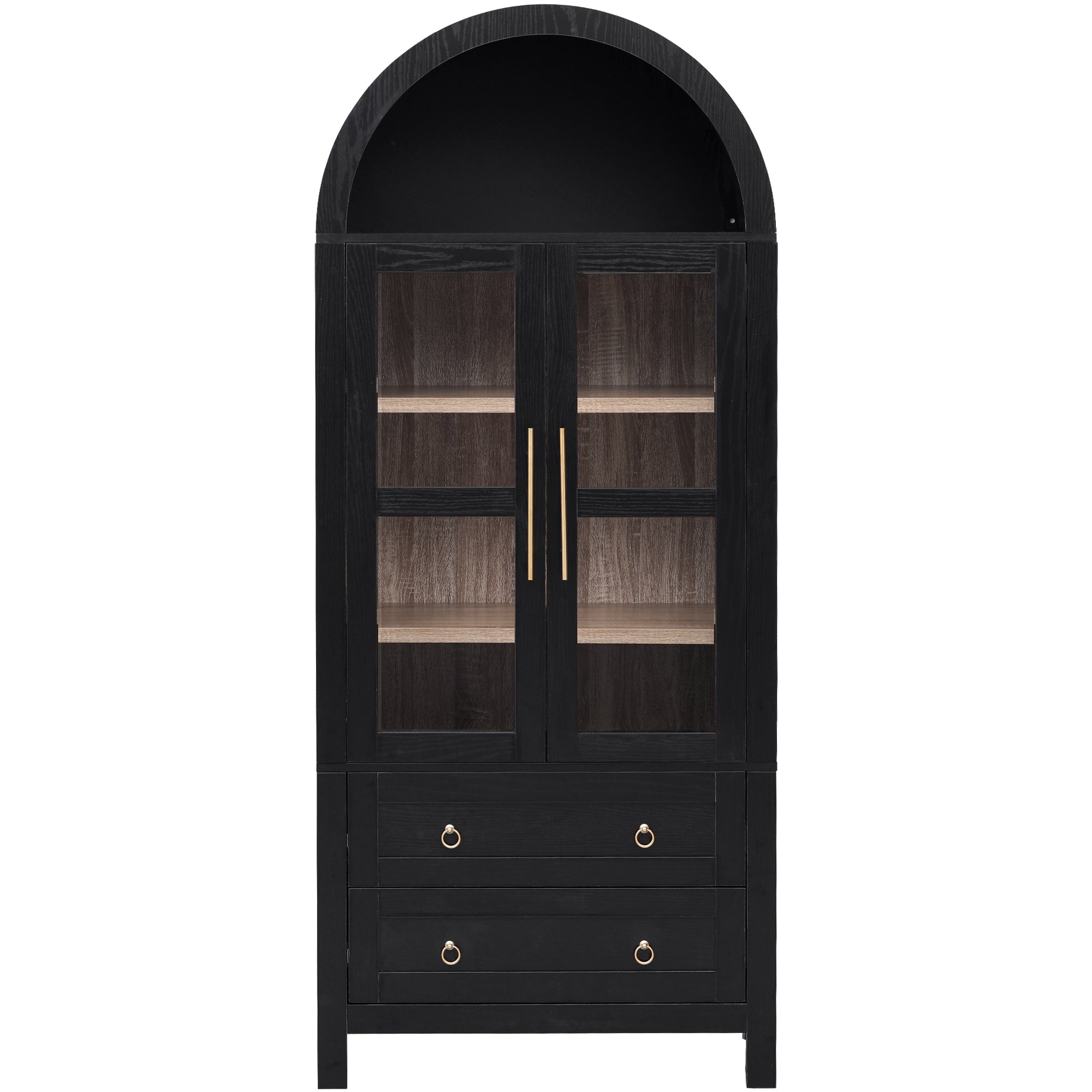 K&K 71' Tall Arched Kitchen Pantry Cabinet with 2 Large Drawers, Modern Farmhouse Kitchen Storage Cabinets with Adjustable Shelves, Glass Door, Wood Versatile Cupboard for Kitchens, Dining Room, Black - Grand Goldman Shop