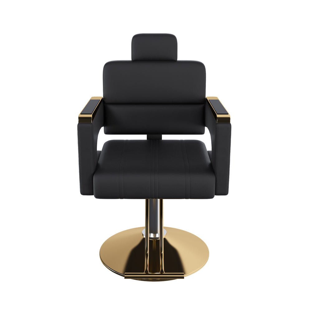 Professional Hydraulic Barber Chair with 360° Swivel, Adjustable Height, Stainless Steel Armrests & Reclining Backrest in Black & Gold - Grand Goldman Shop