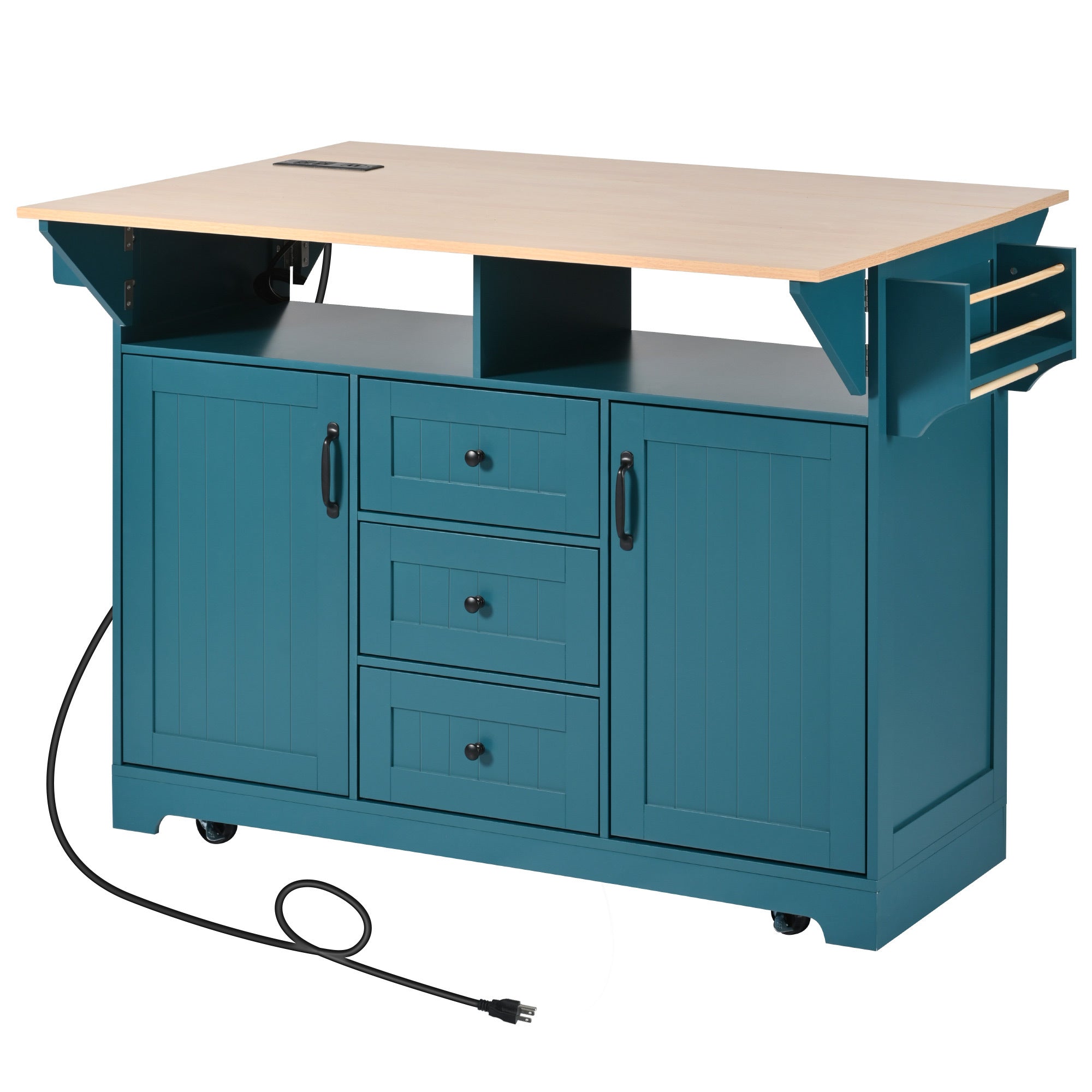 K&K 55.7'' Large Kitchen Island with 2 Drop Leaf,, Rolling Kitchen Cart on 5 Wheels with Power Outlet, Folding Storage Dining Table with Spice & Towel Rack , 3 Drawers, for Kitchen, Dining Room,Green - Grand Goldman Shop