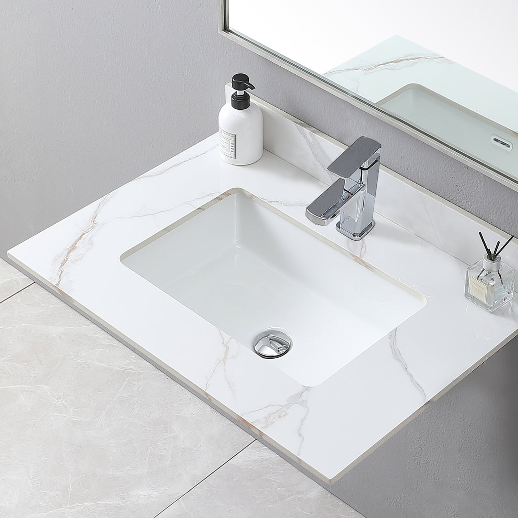 Montary 31inch bathroom stone vanity top carrara gold color with undermount ceramic sink and single faucet hole with backsplash - Grand Goldman Shop