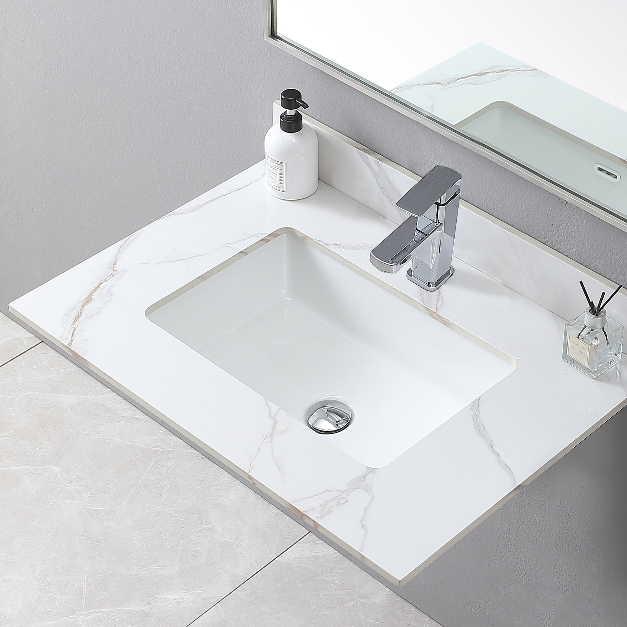 Montary 31inch bathroom stone vanity top carrara gold color with undermount ceramic sink and single faucet hole with backsplash - Grand Goldman Shop