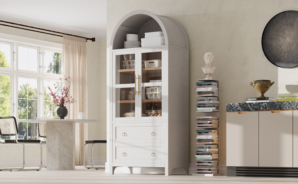 K&K 71' Tall Arched Kitchen Pantry Cabinet with 2 Large Drawers, Modern Farmhouse Kitchen Storage Cabinets with Adjustable Shelves, Glass Door, Wood Versatile Cupboard for Kitchens, Dining Room, White - Grand Goldman Shop